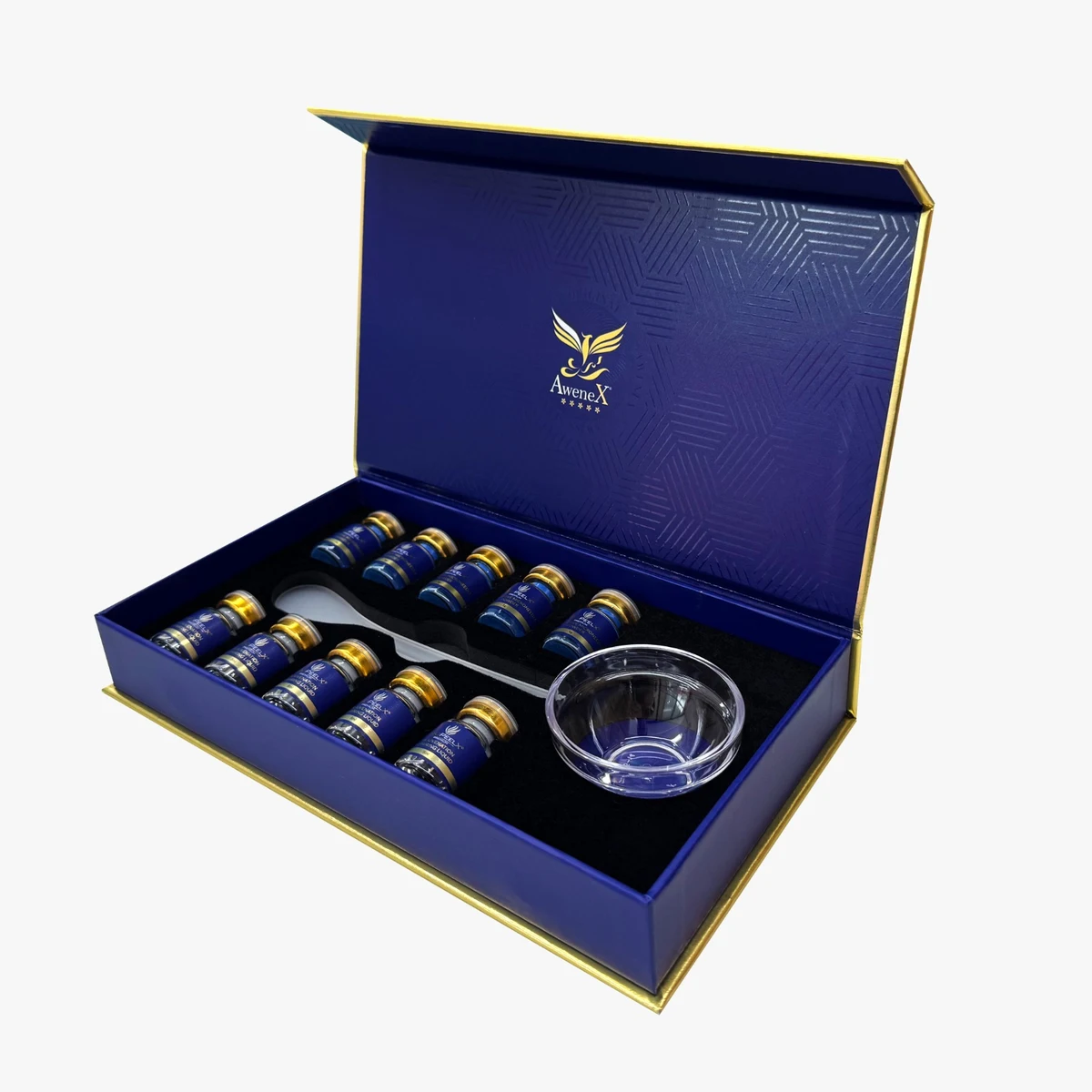 Geöffnetes blaues BiopeelX Blue Series Set mit Pulver, Liquid und Anwendungszubehör