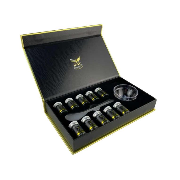 Set Premium nero BiopeelX aperto, con polvere, liquido e accessori per l’applicazione